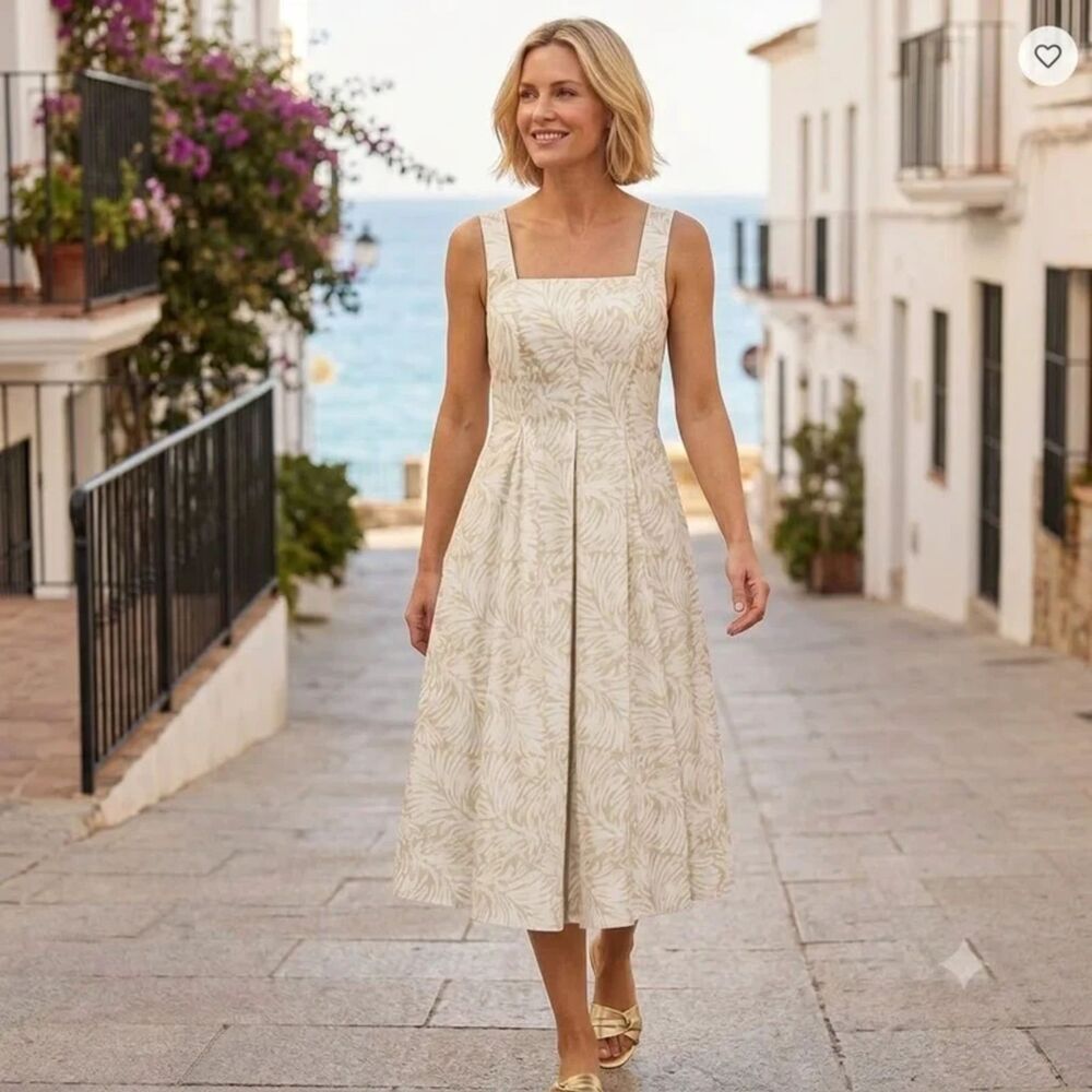 Lands End cotton midi dress 8 p m 8p beige white summer Sundress new 134.95